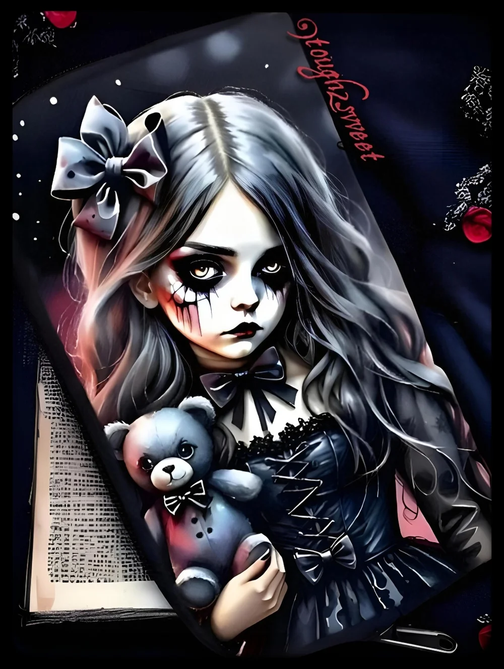 🆕️LAST 1🌹GOTH GIRL & TEDDY BEAR ZIPPERED CLUTCH WRISTLET WALLET/Y2K GOTH PUNK